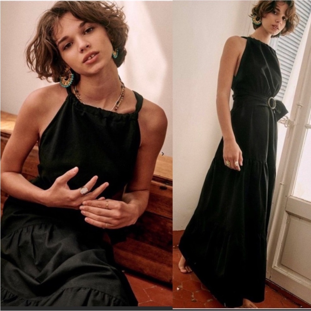 SEZANE NWT Black Linen Sleeveless Tie Bow Back Linen Maxi Dress Nastasia Dress